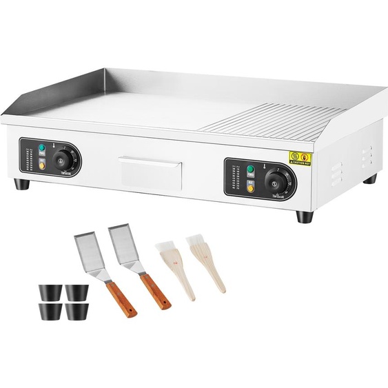 SucceBuy plaque électrique commerciale, 4400 W, gril semi-plat pour le plan de travail, température réglable 50-300 °C, 73 x 40 x 1 cm, gril en acier inoxydable avec 2 pelles et 2 brosses