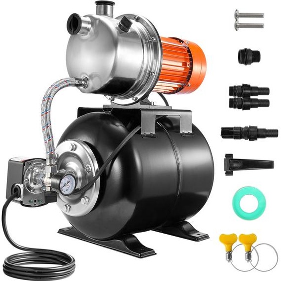 SucceBuy Pompe de puits plate 1,6 CV avec réservoir sous pression de 5 gallons, 1320 GPH, amplificateur darrosage automatique, pressostat 30/50 PSI, tête de pompe en acier inoxydable pour jardin dintérieur et pelouse