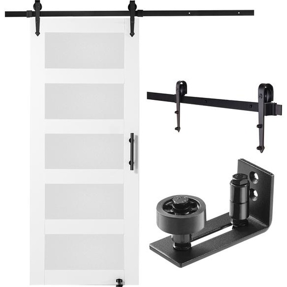 SucceBuy Porte de grange et kit de quincaillerie, grande porte coulissante en bois et verre de 76,2 x 213,4 cm, fonctionnement silencieux et sans heurts, guide inférieur 8 en 1 et poignée inclus, panneau en épicéa avec verre dépoli