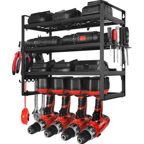 SucceBuy Rangement doutils mural, étagère à 4 niveaux avec supports pour perceuses, porte-outils avec compartiment pour tournevis, organisateur pour outils dans le garage, latelier ou létabli