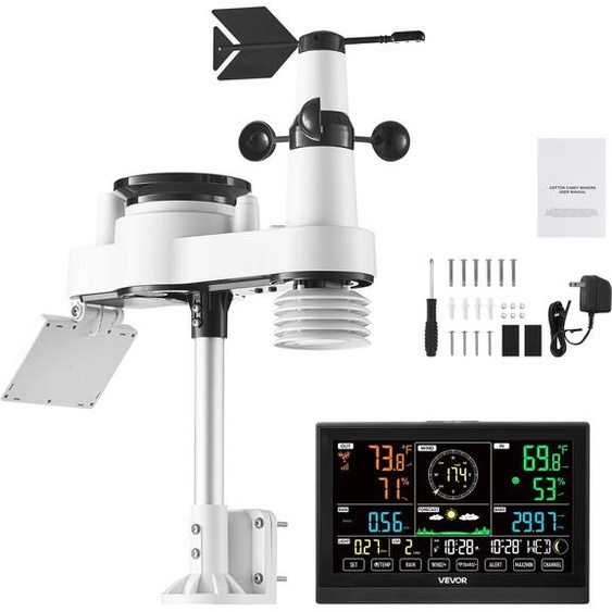 SucceBuy Station météo sans fil 7 en 1, écran VA de 7,5 pouces, capteur à énergie solaire, pluviomètre, prévisions intérieures et extérieures, pas de WiFi