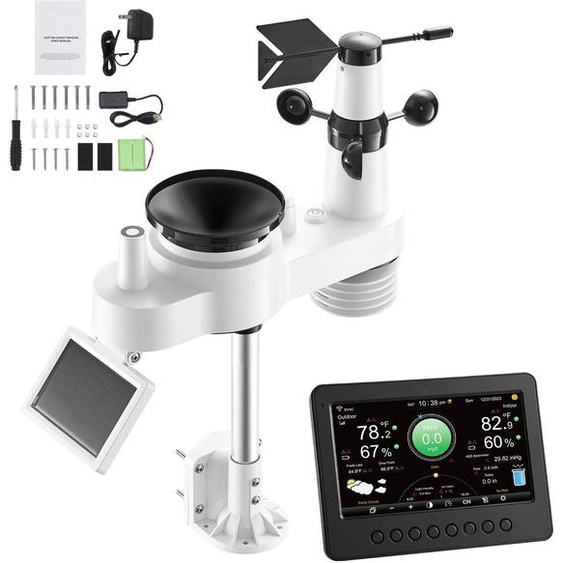 SucceBuy Station météo Wi-Fi 7 en 1, écran TFT 7 pouces, capteur extérieur à énergie solaire, pluviomètre, prévisions météorologiques intérieure et extérieure