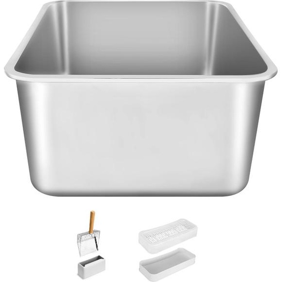 SucceBuy XL Bac à litière, bac à litière extra-large en acier inoxydable avec pelle, fermé, sans odeur, parois latérales hautes, profondeur 20 cm, facile à nettoyer pour les grands chats