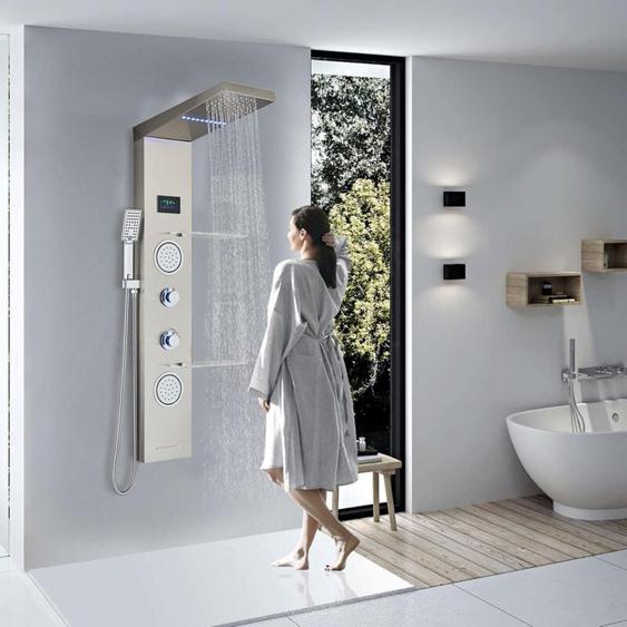 Suguword - led Colonne de Douche Hydromassage Nickel Brossé Acier inoxydable 5 fonctions(Cascade et pluie Tête de douche, douche de poche, jets de