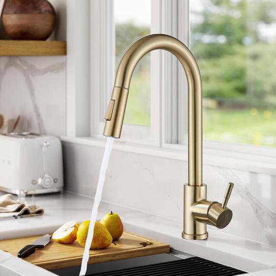 Suguword - Robinet de Cuisine avec Douchette Extractible‌ Bec rotatif 360° - 2 modes deau - Col de cygne haut - Mono levier en laiton - Finition or