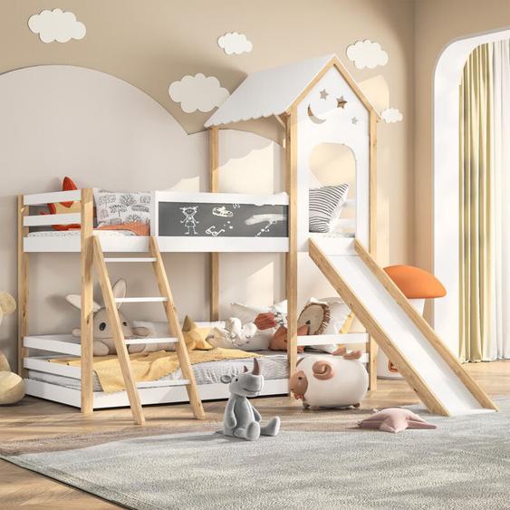 Sunfecili - lit superposé enfant 90 x 200, lit mezzanine 2 place,lit cabane avec protection antichute,lit toboggan,cadre de lit en bois massif,Blanc -