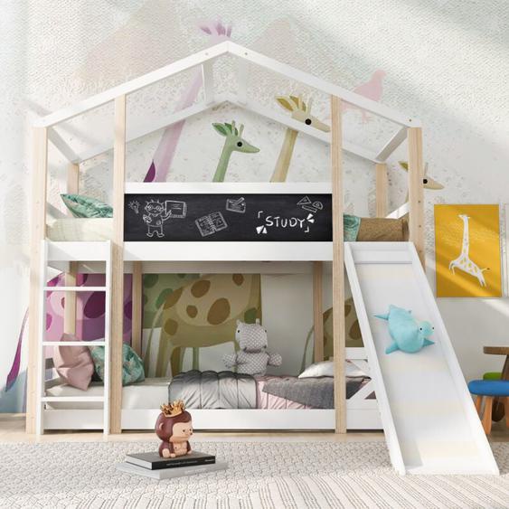 Sunfecili - lit superposé enfant 90 x 200,lit mezzanine 2 place,lit cabane,lit toboggan avec protection antichute, tableau noir,pin massif +