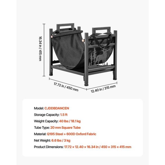 Support à bois, structure en acier robuste, sac de transport en toile, 45 cm, 18 kg