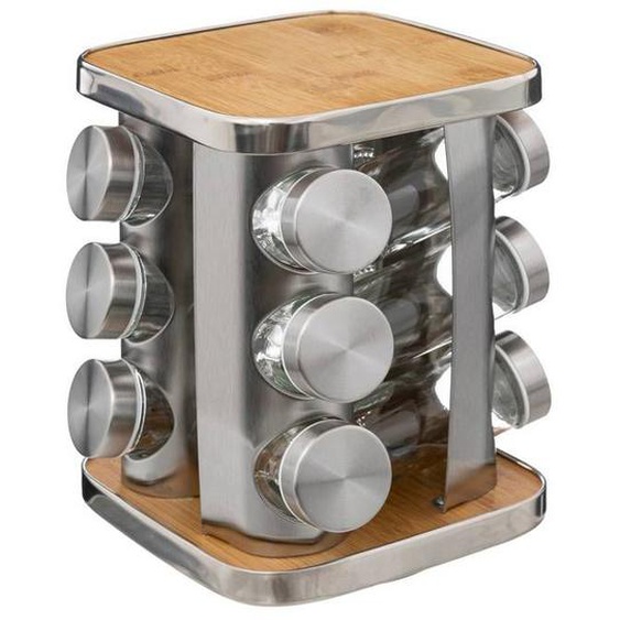 Support à épices - FIVE - Rotatif inox et bambou - 12 pots - 80mL par pot - Dimensions 18x18x23cm
