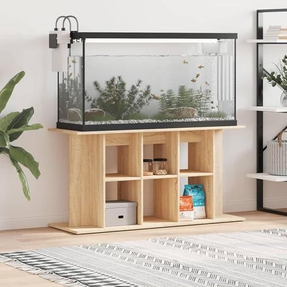 Support daquarium en bois imitation chêne Sonoma, dimensions 120 x 40 x 60 cm. Fabriqué en matériau composite résistant à lhumidité, il offre un espace de rangement pour les accessoires et est livré avec des fixations murales