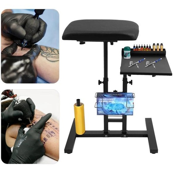 Support de bras pour tatouage - Support avec plan de travail - Réglable en hauteur de 55 à 90 cm - Très grand format - Acier + mousse - Noir