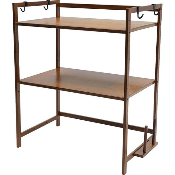 Support de cuisine - support pour micro-ondes/étagère de cuisine - 2 niveaux - bambou - 4 crochets - 55×35×67 cm - 10-12,5 kg par niveau - Prune