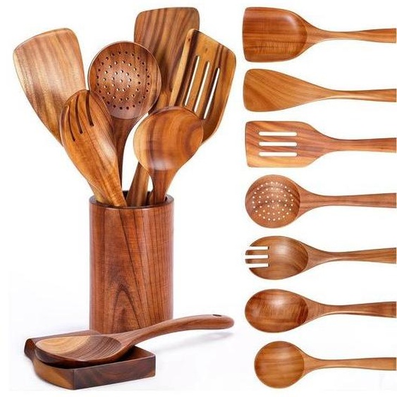 Support de service en bois - Plateau de service en bois naturel, 9 pièces - Résistant aux hautes températures - Avec porte-cuillères - Cuillères de cuisine pratiques et un rangement pour les ustensiles de cuisine