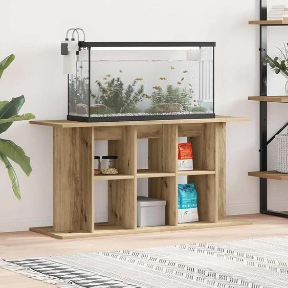 Support pour aquarium en chêne artisanal, dimensions 120 x 40 x 60 cm, fabriqué en bois composite. Il comprend 3 niveaux, offre un rangement stable pour la nourriture et les accessoires, est résistant à lhumidité et présente un design élégant