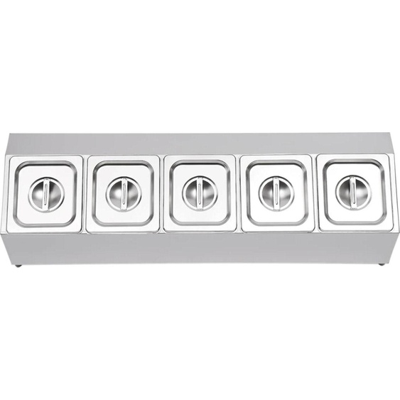 Support pour épices et sauces - Organisateur de table - 5×GN 1/6 récipients avec couvercles - 2 L par récipient - Acier inoxydable 201 - Support incliné - 86×22,5×22 cm - Argent