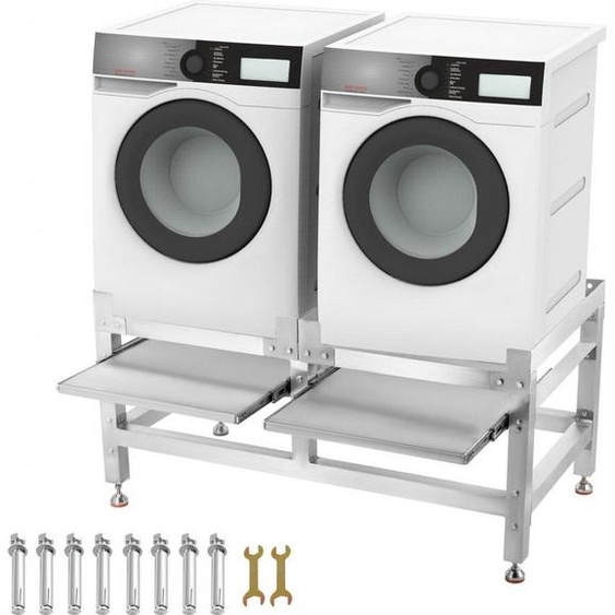 Support pour lave-linge – Réglable en hauteur – Aluminium – Avec 2 tablettes – Rehausseur stable pour lave-linge