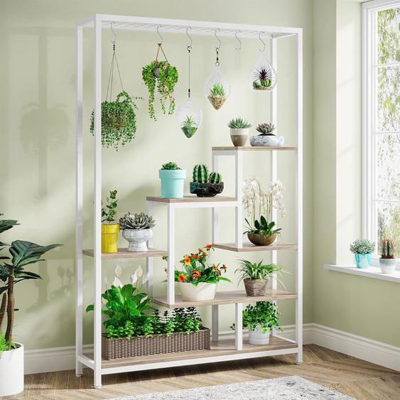 Support pour plantes dintérieur à 5 niveaux- Tribesigns- Étagère en métal de 180 cm avec 10 crochets de suspension en S, Blanc