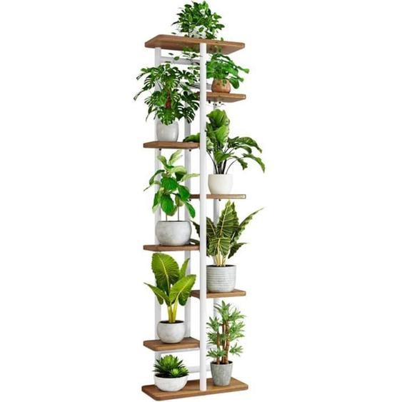 Support pour Plantes Dintérieur à 8 Niveaux,Étagère de Rangement pour Plantes Pots de Fleurs en Bois et Métal,8 Niveaux 9 Pots p