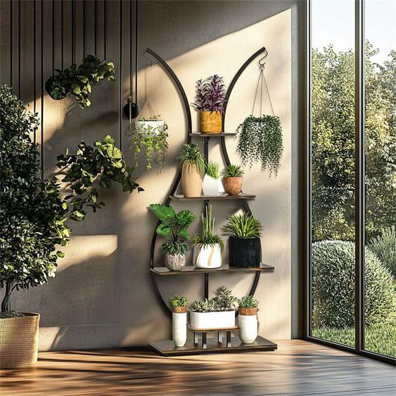 Support pour Plantes Intérieur en Bois - Support en Métal à 6 Niveaux - Étagère à Fleurs - Escalier pour Plantes pour Salon Balcon