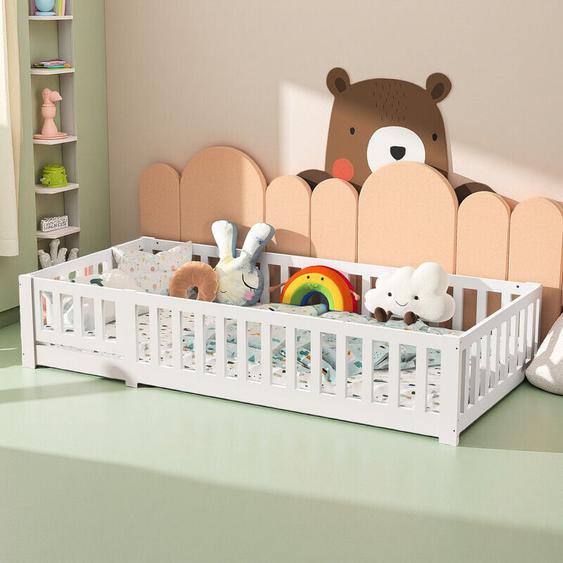 Sureh - Lit Enfant lit au Sol 90x200 cm dinspiration Montessori,avec barrières de Protection,Lit à barreaux Enfants,en pin Massif lasuré,sommier à