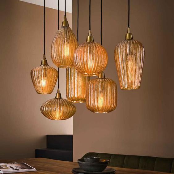 Suspension 7 lampes 95x38x150 cm en verre ambré marron