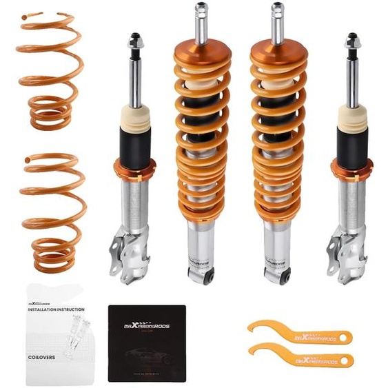 Suspension à réglage par vis, réglable en hauteur, rigidité des ressorts de lessieu avant : 3,5 kg/mm, rigidité des ressorts de lessieu arrière : 7 kg/mm, amortisseurs à double tube, le kit comprend les ressorts avant et arrière