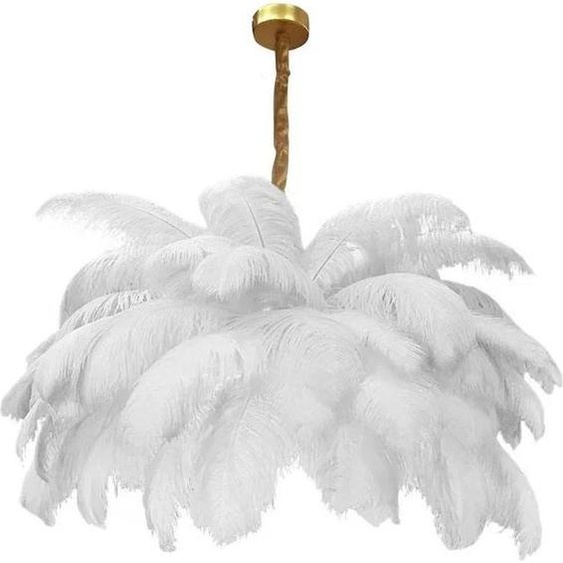 Suspension, design en métal et plumes dautruche, source lumineuse LED, blanc, D85cm, lumière neutre, blanc, D85cm, lumière neutre