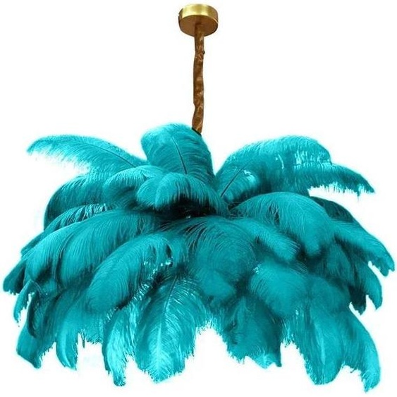 Suspension, design en métal et plumes dautruche, source lumineuse LED, bleu paon, D75cm, lumière neutre, bleu paon, D75cm, lumière neutre