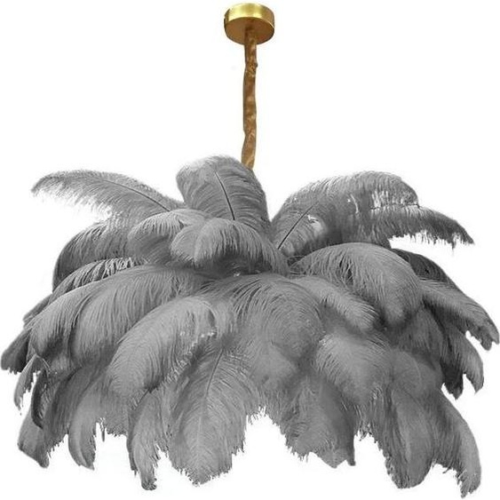 Suspension, design en métal et plumes dautruche, source lumineuse LED, gris, D85cm, lumière neutre, gris, D85cm, lumière neutre
