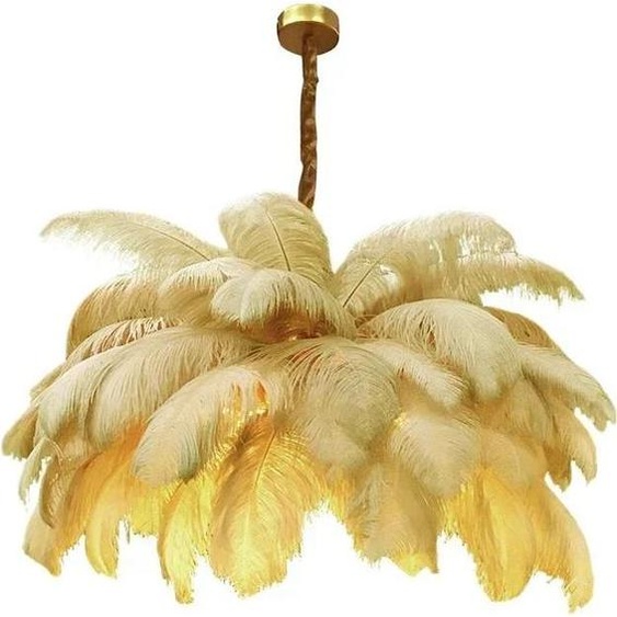 Suspension, design en métal et plumes dautruche, source lumineuse LED, kaki, D85cm, lumière neutre, kaki, D85cm, lumière neutre