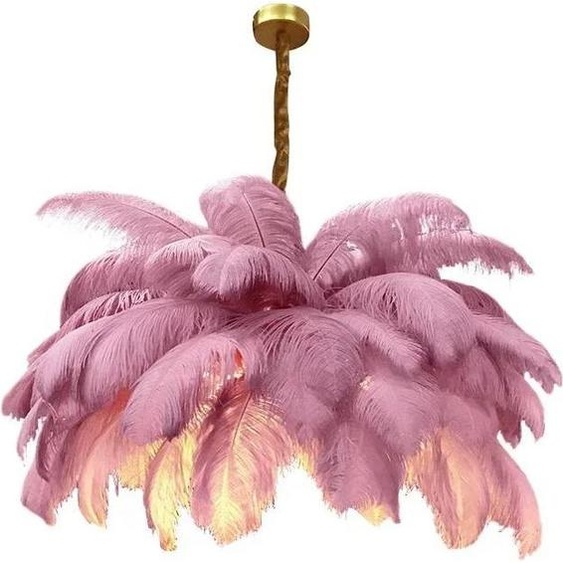 Suspension, design en métal et plumes dautruche, source lumineuse LED, lilas, D85cm, lumière neutre, lilas, D85cm, lumière neutre