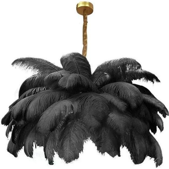 Suspension, design en métal et plumes dautruche, source lumineuse LED, noir, D85cm, lumière neutre, noir, D85cm, lumière neutre