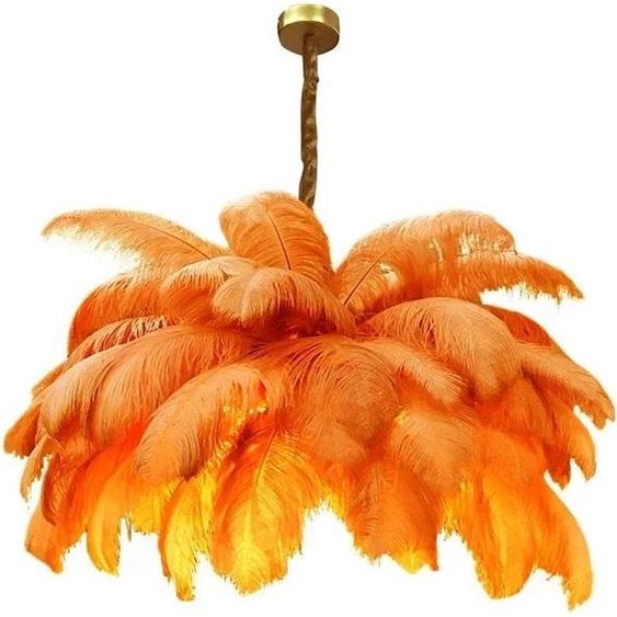 Suspension, design en métal et plumes dautruche, source lumineuse LED, orange, D85cm, lumière neutre, orange, D85cm, lumière neutre