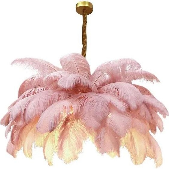 Suspension, design en métal et plumes dautruche, source lumineuse LED, rose, D85cm, lumière neutre, rose, D85cm, lumière neutre