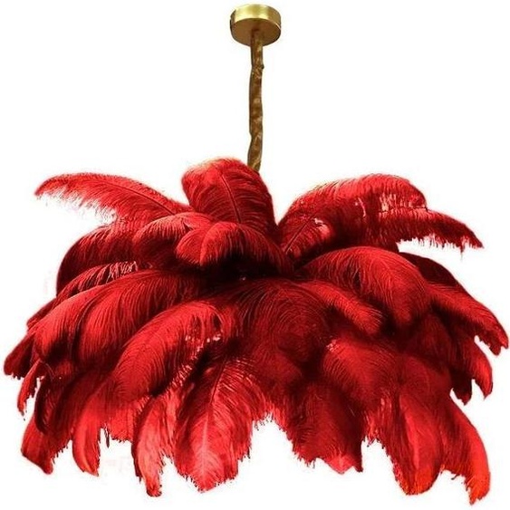 Suspension, design en métal et plumes dautruche, source lumineuse LED, rouge, D85cm, lumière neutre, rouge, D85cm, lumière neutre