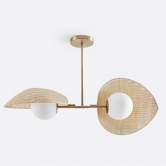 Suspension double opaline, rotin et laiton, Javana