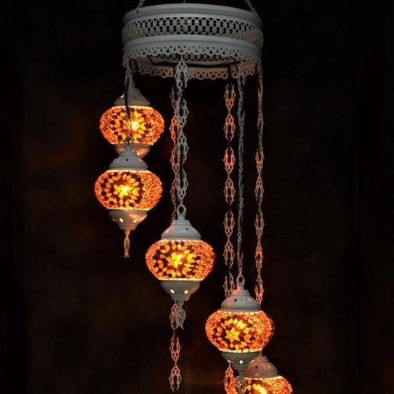 Suspension en verre pastel multicolore avec mosaïque orientale, 7 globes, fabriquée à la main en Turquie, blanc crème