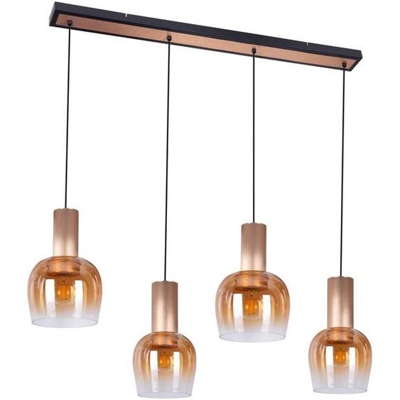 Suspension - Lot de 4 suspensions FUNDA, longueur : 111 cm, couleur ambre. Lampe suspendue de style vintage, en métal et en verre, finition laiton, hauteur : 150 cm, dimensions : 111 x 23,5 cm, culot E27
