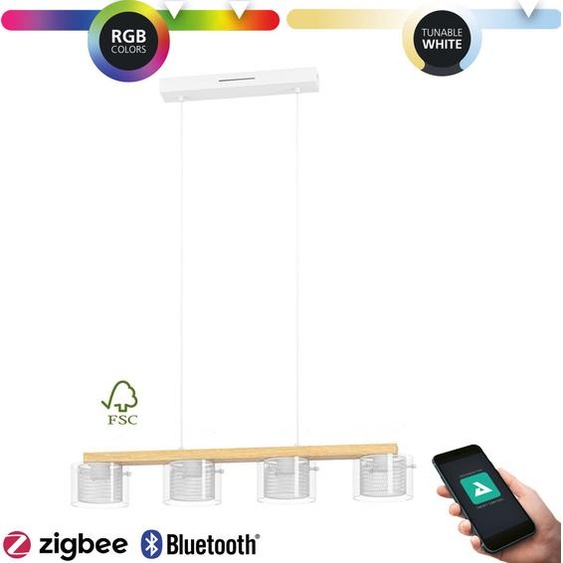 Suspension LED PORTICO-Z acier, bois blanc, brun ; verre clair 4X3,7W 2700-6500K L:88cm L:15cm H:110cm dimmable avec fonction Connect-Z