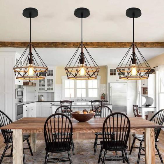 Suspension Lustre Plafonnier Industriel Vintage Edison Cage Diamant en Métal - IDEGU - 3PCS - Noir - E27 - 40W