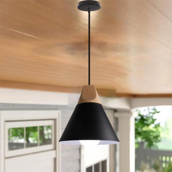 Suspension Lustre Vintage en Bois et Fer Noir - IDEGU - Design Industriel - 1 Ampoule - 40W