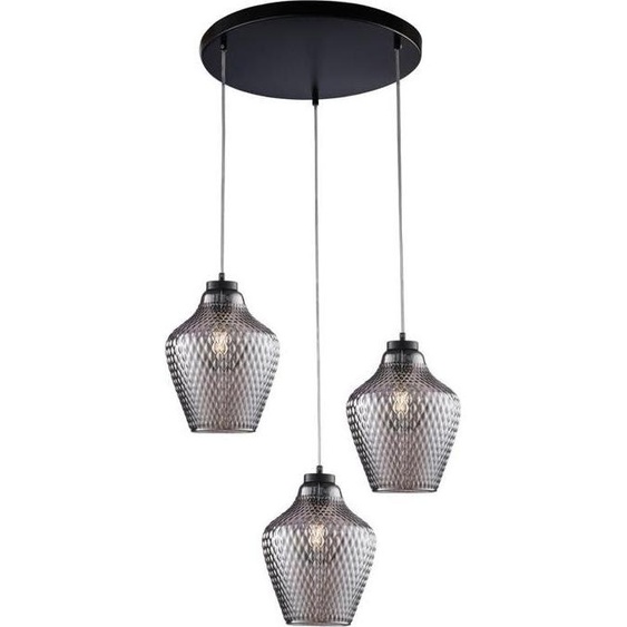 Suspension Maya fer noir, câbles réglables, verre soufflé miroir grisReproduction en relief, 3 lumières, style industriel