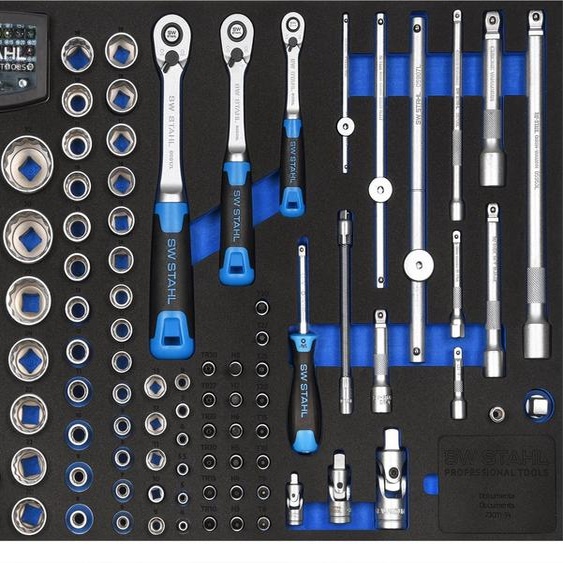 SW-Stahl Assortiment pour servante datelier, clés à douilles 1/4, 3/8, 1/2, avec cliquets, 144 pièces Z3011-14