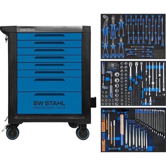 SW-Stahl Z3116 Chariot datelier professionnel TT801 bleu I 8 tiroirs I 3 tiroirs remplis I 213 pièces I Chariot datelier équipé doutils I Twin-Lock I Kit chariot datelier I entièrement équipé