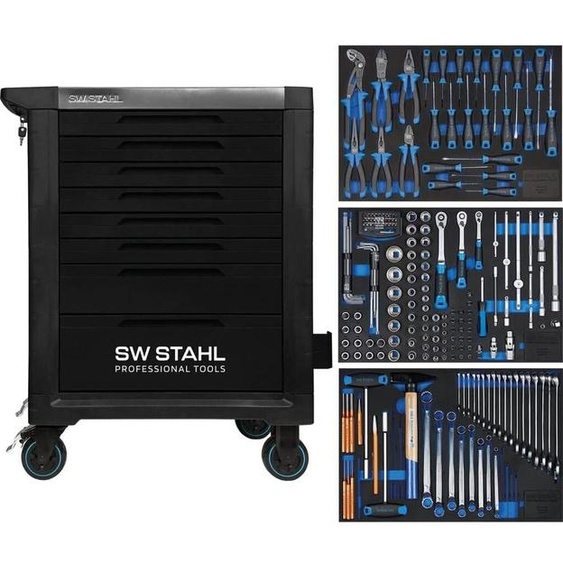 SW-Stahl Z3117 Chariot datelier professionnel TT801 noir I 8 tiroirs I 3 tiroirs remplis I 213 pièces I Chariot datelier équipé doutils I Twin-Lock I Kit chariot datelier I entièrement équipé
