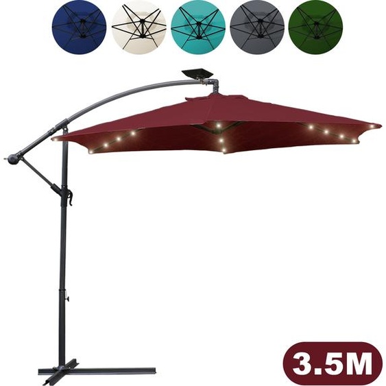 SWANEW Parasol 350cm avec éclairage LED et manivelle - protection UV, imperméable, pliable - Parasol de marché - rouge