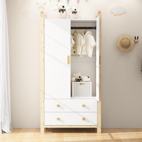 Sweiko Armoire 2 portes, armoire avec tringle à vêtements, 2 tiroirs, convient pour chambre à coucher, salon, vestiaire dentrée, en panneau de particules, corps blanc + cadre en pin, 90×45×180 cm