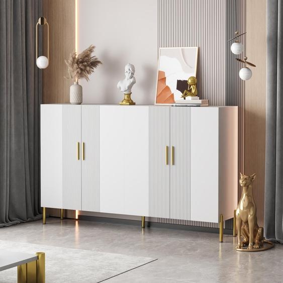 Sweiko Armoire de rangement moderne simple blanc mat multifonctionnel 4 portes ouvertes et fermées Armoire de salle à manger Décoration dorée 160x35x100cm