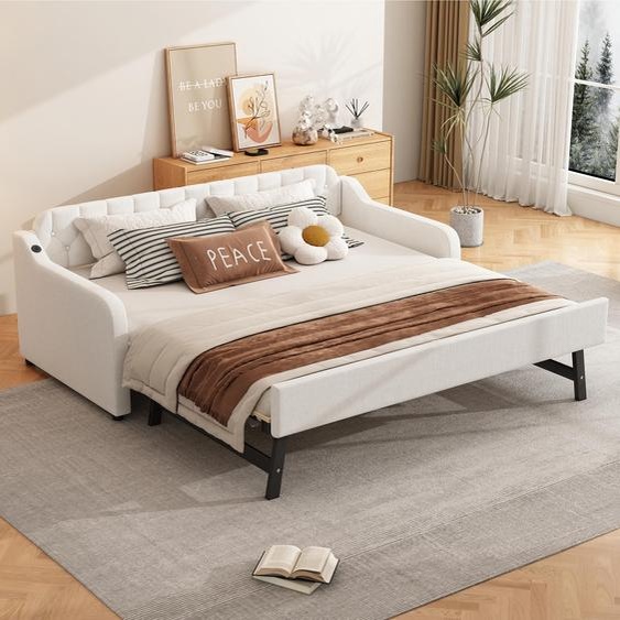 Sweiko Canapé-lit 90x200cm, lit de jour, avec lit à roulettes extensible, connexion USB, beige