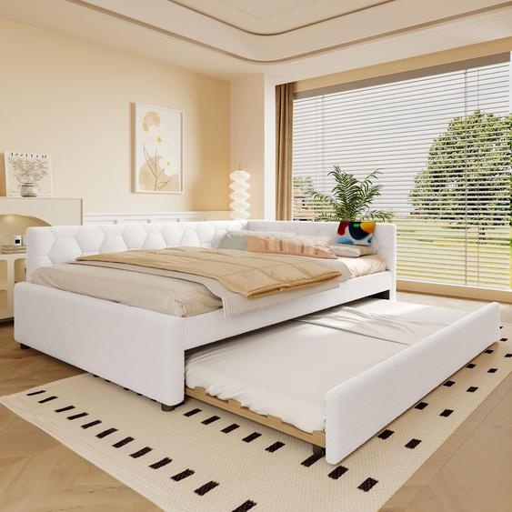 Sweiko Daybed, 140x200cm lit de jour, canapé-lit, lit avec sommier à lattes (sans matelas), avec lampe de chevet, avec lit gigogne multifonctionnel, connexion USB, type-C, matériau de confort, non-tissé imitation, blanc
